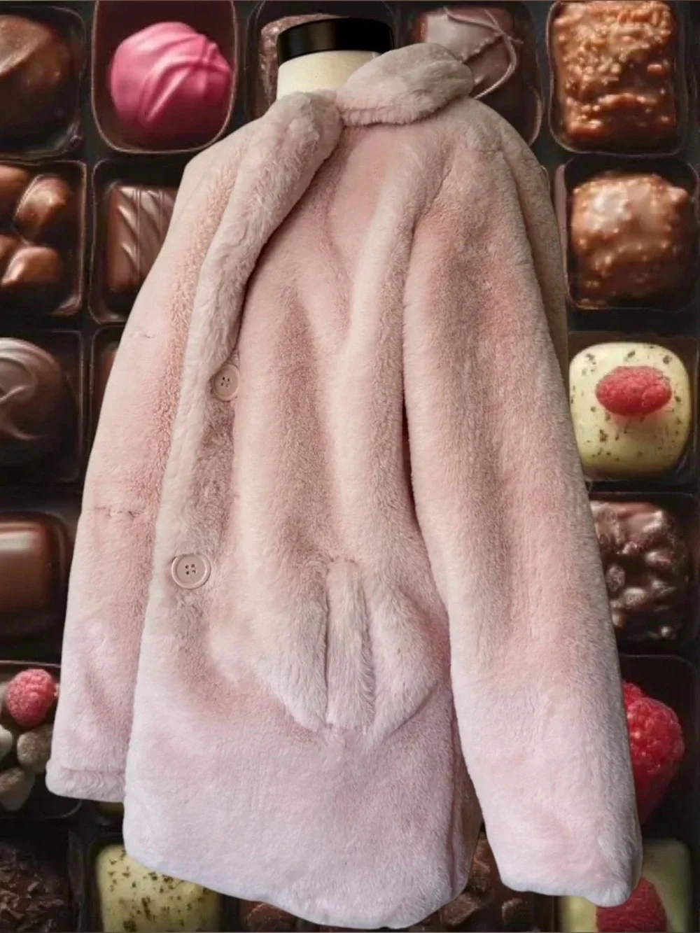 JouJou Light Pink Faux Fur Coat Size M 8 10 Fluffy Soft Collar Buttons Cute